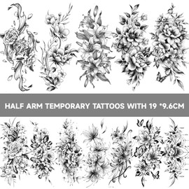 EMOME 12 Sheets Half Arm Flowers Temporary Tattoos for Women,Fake Tattoos That Look Real and Last Long, Large Body Marker Tattoos and Hand Tattoo Stickers for Adults Girls Neck Arm