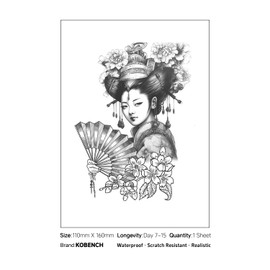 kobench Cool Temporary Tattoos,Japanese Woman With A Paper Fan Flowers - K138 Design,Waterproof,Easy-to-Apply,Long Lasting 1-2 Weeks, Plant-Based,Women Tattoos