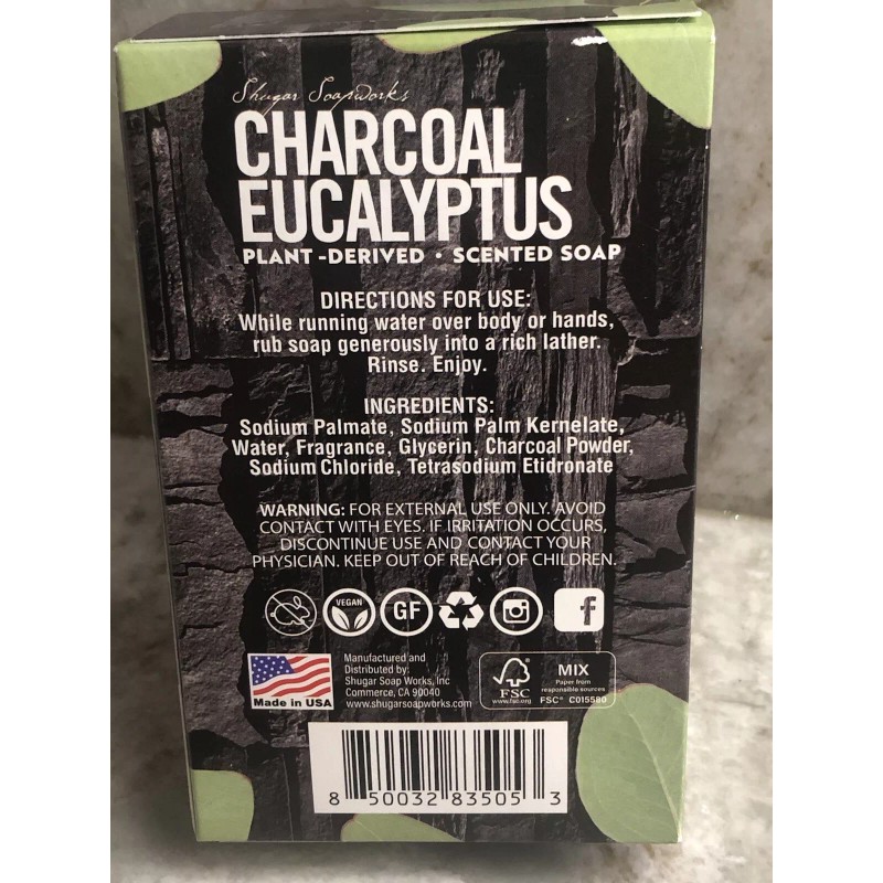 Sugar Soap Works Charcoal Eucalyptus Plant-Derived. Scented Soap:5oz-Vegan