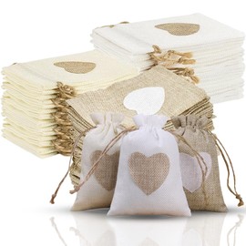Coztie Jute Bags, Pack of 30 Hessian Bags, 13 x 18 cm, Heart Jute Bags with Drawstring, Small Bags for Filling, Cotton Small Bags for Jewellery, DIY, Craft, Wedding, Party, Christmas