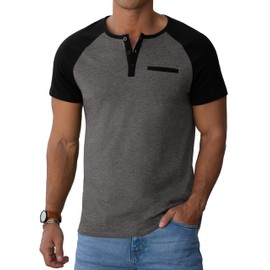 Sailwind Mens Cotton Henley Shirts Short Sleeve Casual T-Shirts Summer Button Big and Tall T Shirts with Pocket Dark Gray Black