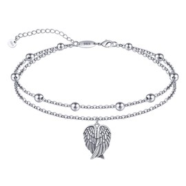 925 Sterling Silver Anklet Angel Wings Double Layer Anklet for Women Sterling Silver No Gemstone One Size Sterling Silver No Gemstone, Sterling Silver, Without gemstones