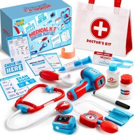 Play-Act Kids Doctor Kit, 16-Piece Pretend Play Medical Kit with Bag, Doctor Role Play Set with Realistic Toy Stethoscope, Reusable Record Cards, Dress Up Playset for Toddlers Ages 3+