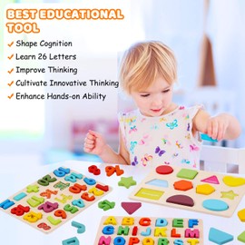 Wooden Puzzles for Toddlers, LENNYSTONE Wood Alphabet Number Shape Puzzles Kids Preschool Learning Toys for Boys Girls Ages 2 3 4 5 Year olds