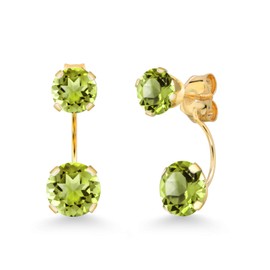 Gem Stone King 3.10 Cttw 14K Yellow Gold Green Peridot Dual Drop 2 Stone Round Earrings for Women | Gemstone Birthstone | Round 6MM and 5MM