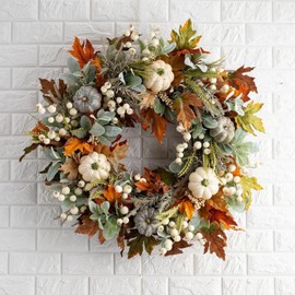 Artificial Autumn Wreath Autumn Pumpkin Wreath for Front Door, Window Wall, Fireplace