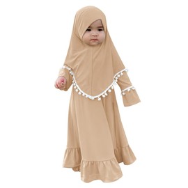 Newborn Infant Muslim Clothes for Baby Girls Abaya Kids Prayer Dress with Hijab Ruffle Toddler Islamic Dress Afghan Kaftan Two Piece Middle East Arabian Dubai Robe Ramadan Eid Outfit Khaki 2-3 Years