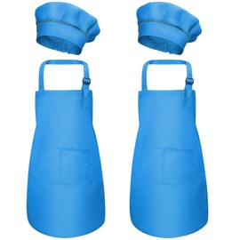 4 Piece Blue Children's Apron and Chef Hat Set, Children's Kitchen Garden Aprons with Pockets for Boys Girls, Toddler Cooking Apron Kitchen Apron for Cooking Baking Painting Crafts (M for 3-6 Years),