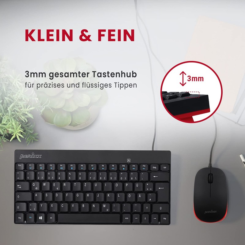 Perixx PERIDUO-212B DE, Kompaktes Mini Tastatur und Maus Set, USB-Kabel,