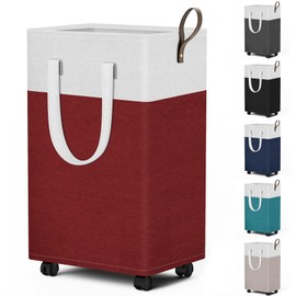 HomeHacks 75L Rolling Laundry Basket with Wheels, Collapsible & Waterproof Laundry Hamper, Mobile Clothes Hamper, Storage Laundry Bins with Handles for Laundry Room, Bedroom, Bathroom & Dorm, Red