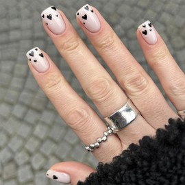 Black Love Heart Press on Nails Short Square Valentines Day Fake Nails with Glue Black Love Heart Design French False Nails Valentine Love Glue on Nails Artificial Stick on Nails for Women Girls 24Pcs