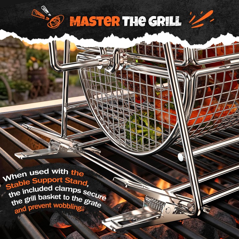 2-in-1 Rolling Grill Basket 304 Stainless Steel Rotatable with Dual