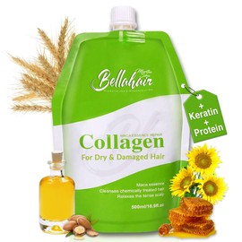 Bellahair Hydrating Collagen Hair Mask for Dry Damaged Hair and Growth - Hydrolyzed Keratin, Protein, SheaButter, Argon Oil & Botanical Extracts - Deep Repairs, Smooths & Strengthens All Hair-17Oz