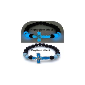 LXSSLY 8mm Natural Volcanic Stone Bracelets for Men,Yoga Luminous Cross Bracelets,Healing Crystal Elastic Stretch Beaded Bracelet,Religion Holy Communion Bracelets for Women