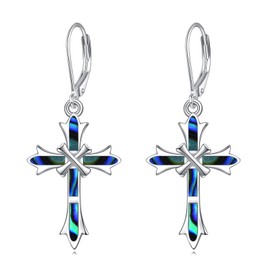 YAFEINI Sterling Silver Leverback Opal Cross Drop Earrings Cross Jewellery for Women and Girls, Silver, Not known.