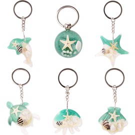 FM FM42 6PCS Turquoise Glow in the Dark Turtle Starfish Seashell Dolphin Jellyfish Round Keychain