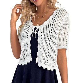 Kate Kasin Women's Elegant Short Sleeve Cardigan with V-Neck Plain Lightweight Cardigan Bolero, White