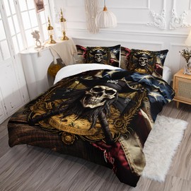 AILONEN Pirate Skull Comforter Set for Boys, Queen American Flag Captain Skull Bedding Set, 3 Pieces Retro Nautical Skeleton Bed in a Bag Comforter and 2 Pillowcases