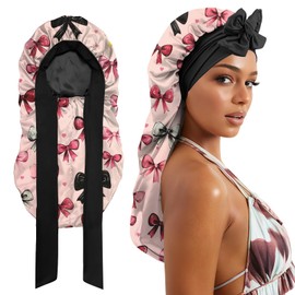 Cabreche Long Satin Hair Braid Bonnet for Sleeping Double Layer Soft Silk Lined Tie Band Wide Elastic Silky Nightcap for Women Girls Cute-Pink Bowknot