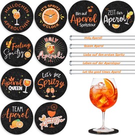 Joycabin 15 Stück Aperol Untersetzer Filz und Glasstrohhalme Aperol Spritz Geschenk, Wiederverwendbar Glas Strohhalm Rund Untersetzer Aperol Deko für Aperol Liebhaber, Sommer Tischdeko (Schwarz)
