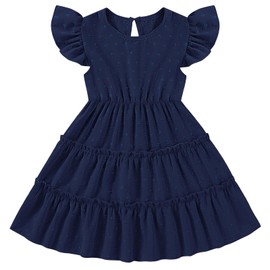 TATAKERI Toddler Baby Girls Dress Solid Little Girl Summer Dress Swiss Dot Round Neck Ruffled Sleeves for Holiday Party Navy Blue