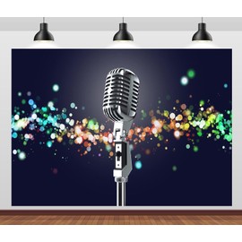 CORFOTO 5x3ft Fabric Microphone Backdrop Karaoke Party Glitter Spots DJ Stage Background 80'S 90'S Hip Pop Rock and Roll Theme Disco Musical Party Decorations Photo Booth Studio Props