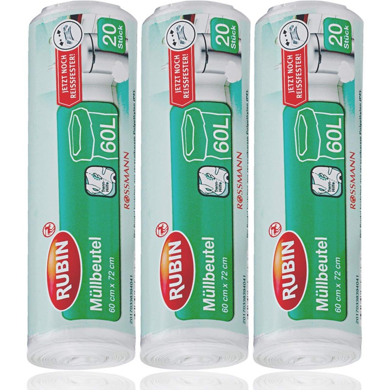 Bin Liners, 60 Litres, Particularly Tear-Resistant, Pack of 3, 60