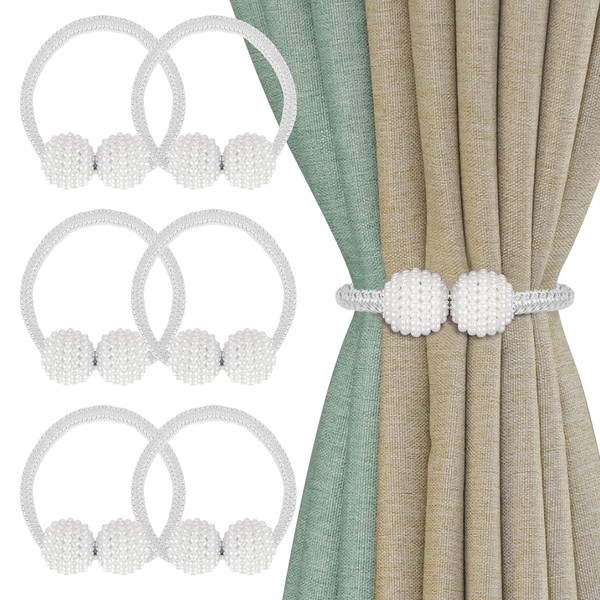 6 Pieces Magnetic Curtain Ties, Magnetic Curtain Ties, Curtain Clips with Pearl, Weaving Rope, Curtain Clips