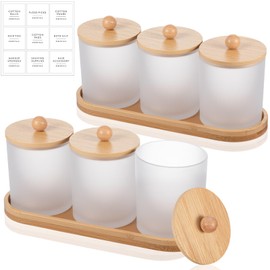 Chengu 6 Pack Cotton Swab Holder with Bamboo Lids and Trays and Labels Glass Round Swab Dispenser Cotton Ball Holder Glass Apothecary Jars Floss Pick Containers Bathroom Organizers (White)