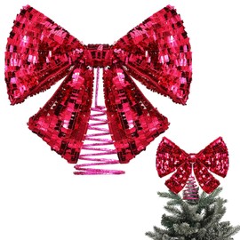 Leinuosen Bowknot Christmas Tree Topper 7.9x9.8 Inch Sequin Wreaths Bows Pink Bows Xmas Treetop Decoration Ornament for Home Christmas Office Holiday Indoor