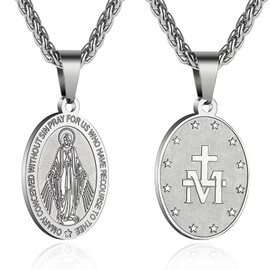 Silver Oval Virgin Mary Pendant Necklace for Women Men, Virgen De Guadalupe Miraculous Medal Necklace 24 Inches