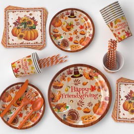Friendsgiving Party Decorations,Friendsgiving Decorations Plates and Cups Napkins, Thanksgiving Party Decorations, Happy Friendsgiving Party Banner Decorations (happy friendsgiving Plates Cups)