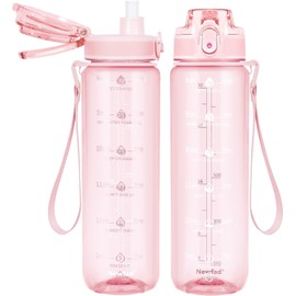 Newfad 32 oz Water Bottle with Detachable Straw, Clear Motivational Water Bottles with Time to Drink, Tritan & BPA Free Sports Water Jug with Time Marker, Upgraded handle design