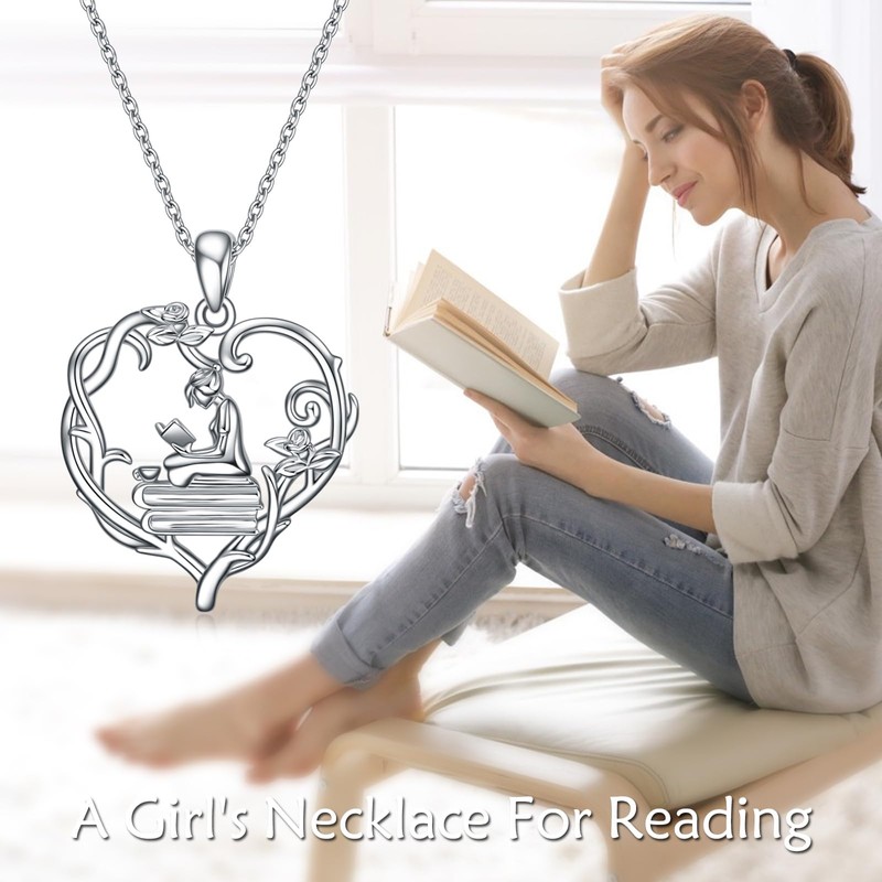Book Lover Necklace for Women Silver Reading Book Pendant with