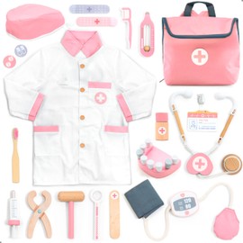 UMU® Doctor's Case, Children's Wooden Play Set with Doctor's Coat, Stethoscope, Dentist Accessories & More, Doctor Case Toy for Role Play, 20 Pieces, Medical Set for Girls from 3, 4, 5 Years