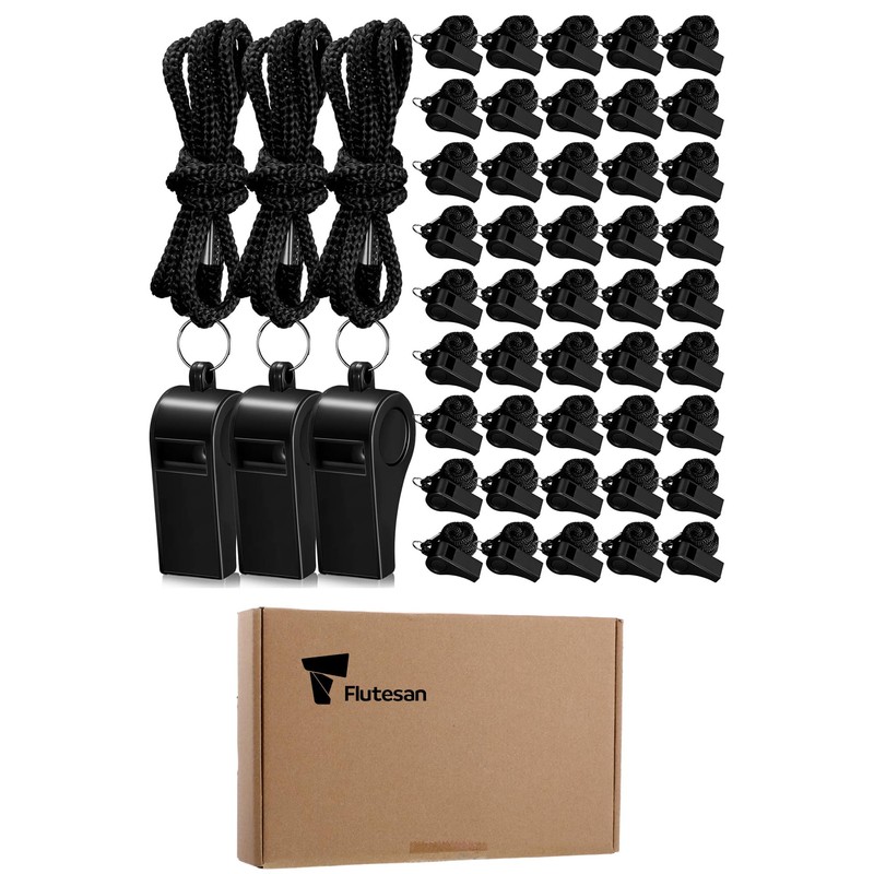 Flutesan 48 Packs Plastic Whistles with Lanyard Coaches Sports Whistle