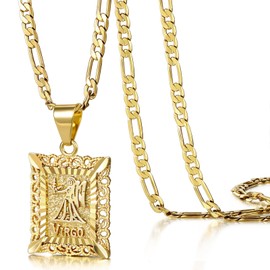 KissYan Zodiac Pendant Necklace for Women Men, 14K Gold Plated Square Constellation Sign Horoscope Figaro Chain Jewelry Birthday Gift, Copper, No Gemstone