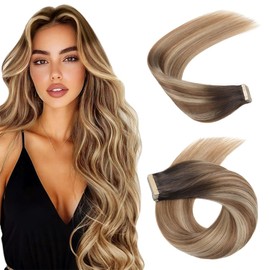 HotLulana Tape-In Real Hair Extensions, Chestnut Brown to Light Brown Mix Light Blonde (#2/6/18 K) Extensions, Real Hair, 24 Inches / 60 cm, 40 Pieces, 100 g, Invisible, 100% Natural Skin Weft Tape-In