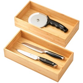 Umilife Bamboo Kitchen Utensils Organizer, Extra High Silverware Drawer Holder, Flatware Cutlery Storage Box, Multi-Use Drawer Divider in Office, Bathroom, Pantry - 12"x6"x2.5" (Set of 2)