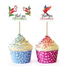 Inkdotpot Tropical Leave & Flamingo Gender Reveal Baby Shower Party Collection, Pre-Assembled Double Sided Cupcake Topper Food Picks DIY Party Favors Kit, Pack of 30