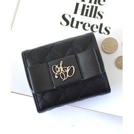 SecretDoor 333043-01 Black Trifold Wallet, Women's, Trifold Wallet, Compact Wallet, Mini Wallet, Women's, Mini Brand, Cute, Compact, Easy to Use, Large Capacity, Coin Purse Included, Ribbon, Logo, Bi-Color, Piping, Quilted