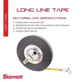 Starrett Closed Reel Long Line Tape with Nylon Rollers, Rewind Mechanism, and Folding Hook Ring - 30m Length, 3/8" Width, 1mm Graduations, L8 Graduation Style Number - 530-30CM