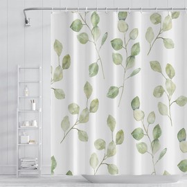 Umpoo Green Eucalyptus Leaves Bathroom Shower Curtain Nature Plants Watercolor Leaf Shower Curtain with Hooks Polyester Waterproof Fabric Aesthetics Home Shower Curtain Decor Bathtub, 69x70 Inch
