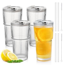 Glass Cups with Lids and Straws - 20oz Glass Tumbler with Straw and Lid, Premium Coffee Cups for Tea, Iced Coffee, Smoothie，Ideal Gift for Home, Office, 4pack