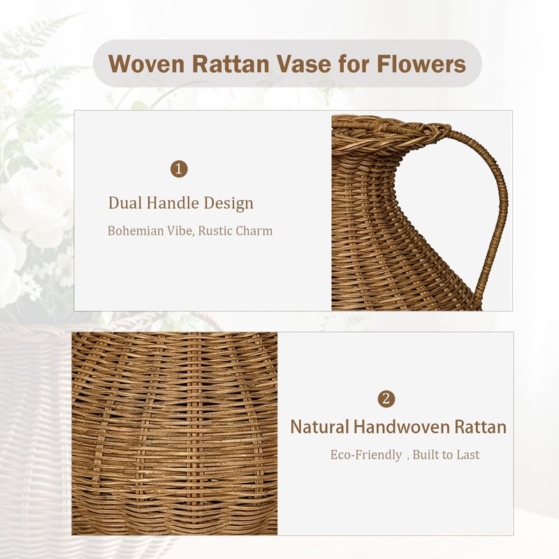 Handwoven Natural Rattan Flower Vase, Wicker Basket with Acrylic Liner,