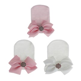 AIMALL 3PCS Baby Girls Striped Soft Bow Hat, Infant Headband, Comfortable Cotton Blend, 3.93x3.74 Inch, Pink and White