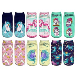 Benefeet Sox Womens Girls Funny Unicorn Socks Kids Silly Crazy Cute Ankle Socks Funky 3D Print Patterned Designer Socks Novelty Kawaii Pink Unicorn Low Cut Socks Fancy Colorful Socks, 6 Pack Unicorn