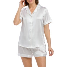 Fishers Finery Women's 100% Mulberry Silk Pajama Set; Lightweight Short Sleeve with Open Collar Neckline(White, M)