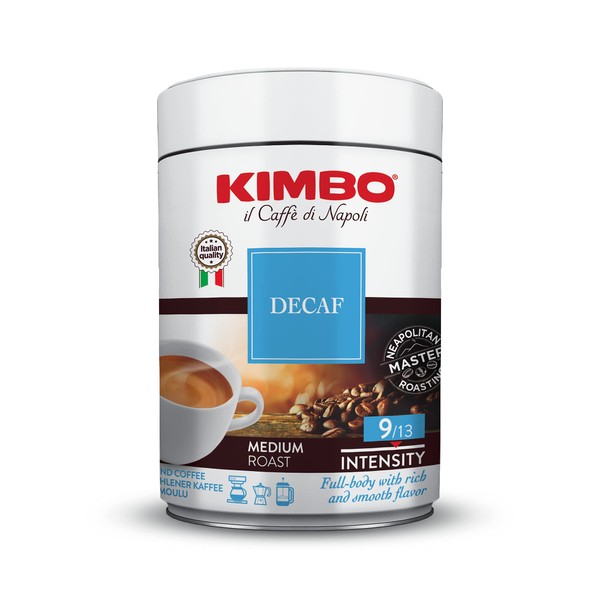 Kimbo Espresso Decaffeinato Ground Coffee - Blended and Roasted in Italy - Medium Roast with a Full-body Rich and Smooth Flavor - 8.8 oz Can