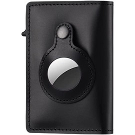 Airtag Wallet Case (Airtag Not Included) - Genuine Leather Wallet for Men - 5-6 Pop Up Credit Cards Money Holder, RFID Blocking - Slim, Thin, Trifold Wallet Air Tag Holder - Magnetic Close (Black)